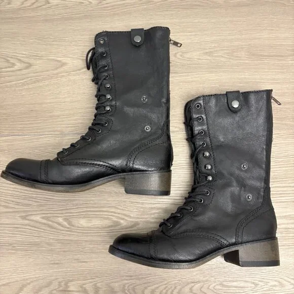 Steve Madden Leather Lace Up Combat Boots Black Foldover Aztec Print 7.5M - Picture 4 of 8